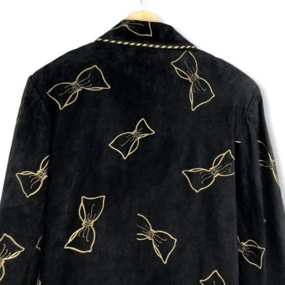 90’s Vintage Black Leather Bow Print Crystal Heart Button Blazer Jacket - Picture 5 of 13